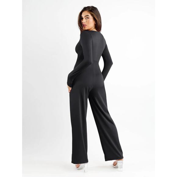 Popilush The Shapewear Black Jumpsuit Square Neck Wide-Leg Long Sleeve M - NWT - Picture 9 of 9